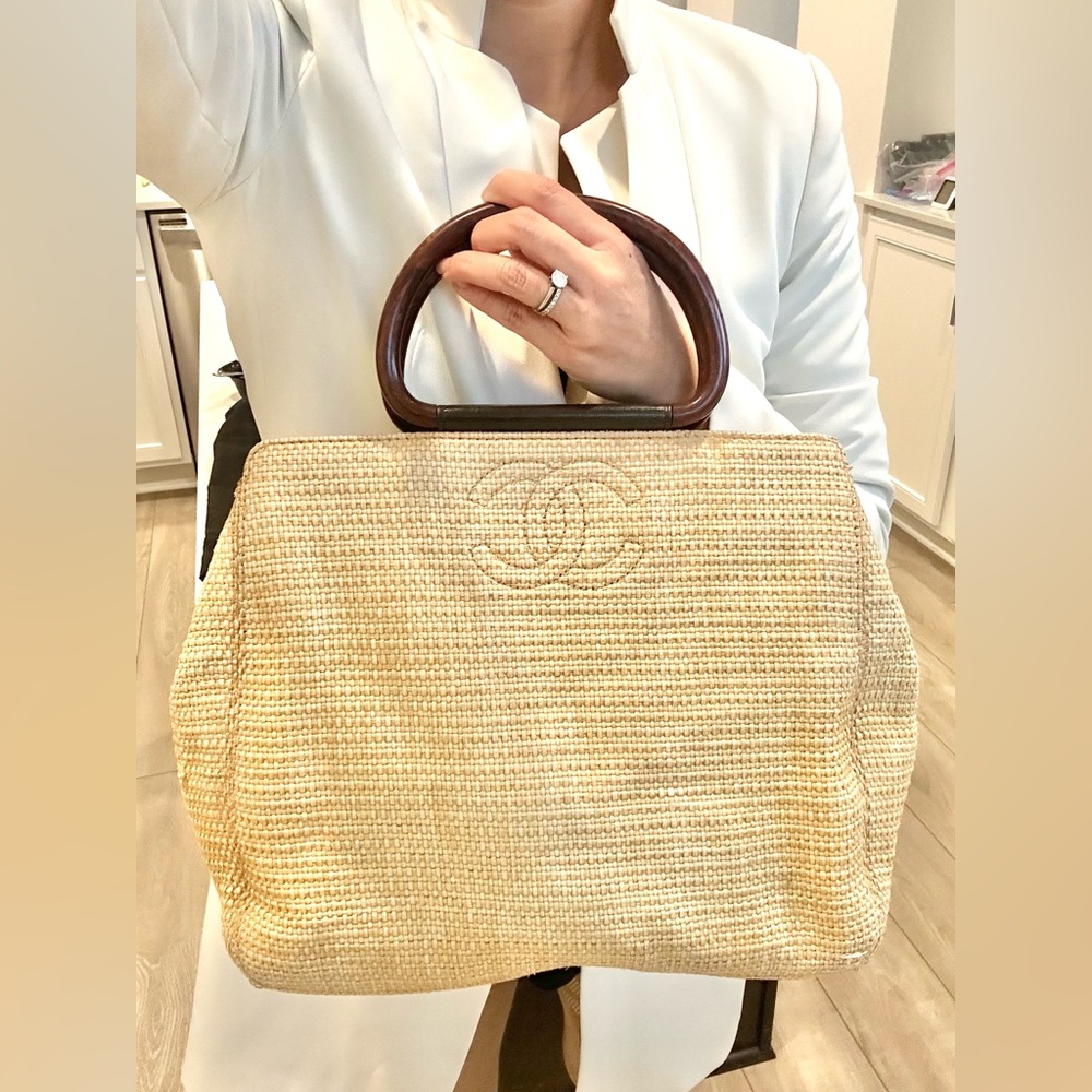 Auth CHANEL CC Large Raffia Straw Top Handle Bag Bag